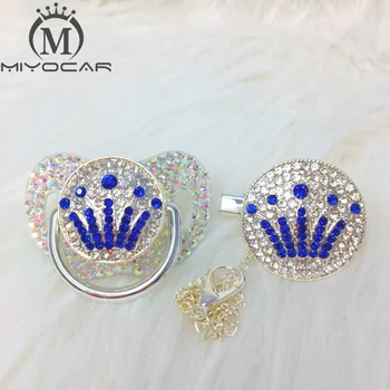 

MIYOCAR All Bling colorful crown pacifier and clip set pacifier chain holder gold crown pacifier blue rhinestone ABCG-1-SC
