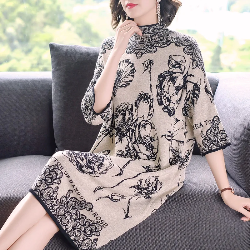 Tanie Jesień kwiatowy żakardowe eleganckie luźna sukienka z dzianiny damskie 3 4 rękaw sweter sweter moda pełna najniższy sukienki odzież