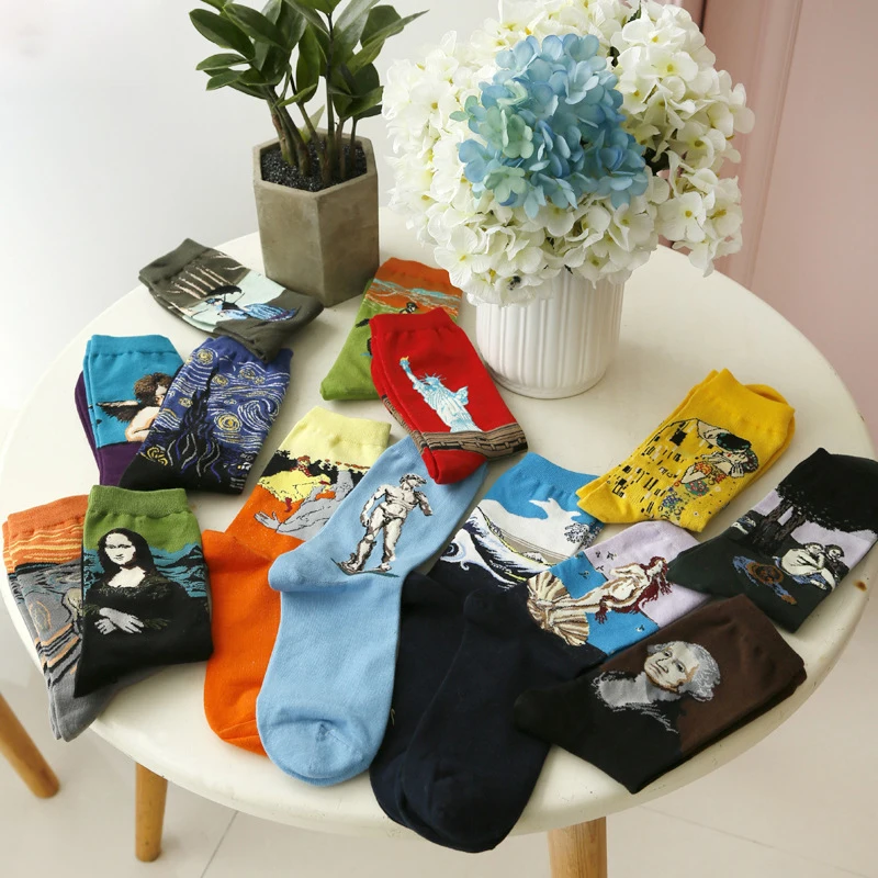 

Autumn Winter New Arrivl Vintage Art Abstract Oil Painting Series Men Cotton Socks