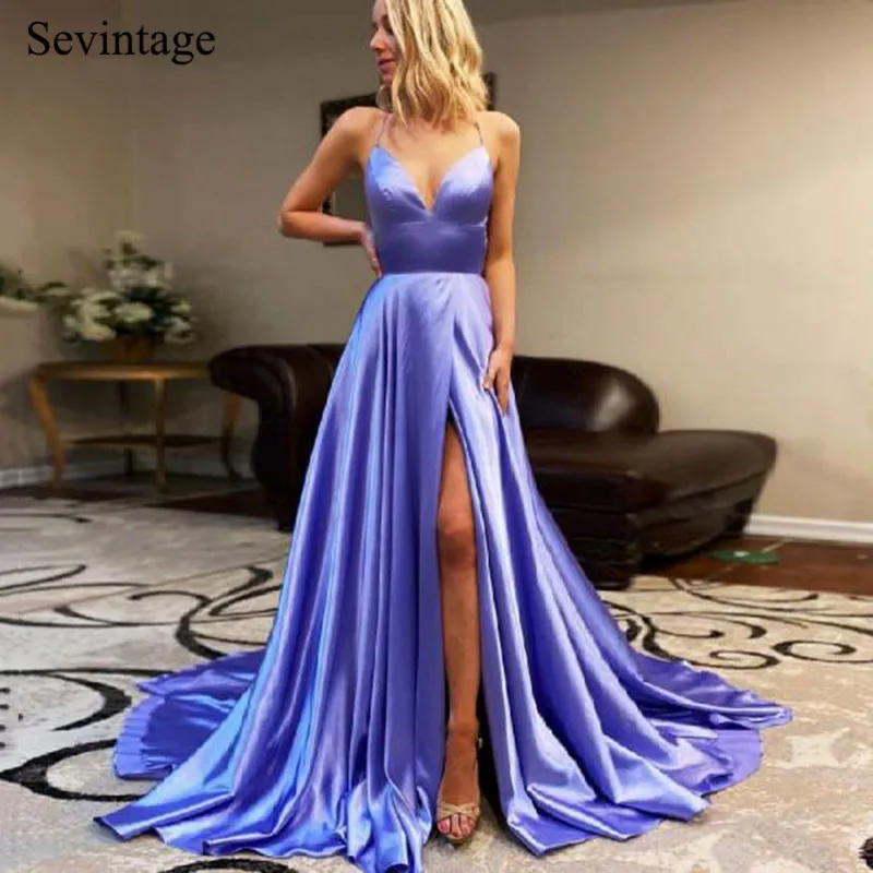 

Sevintage Sexy Blue Spaghetti Strap Satin Long Prom Dresses Slit Side Criss-Cross Back Sweep Train Evening Gowns robe de soiree