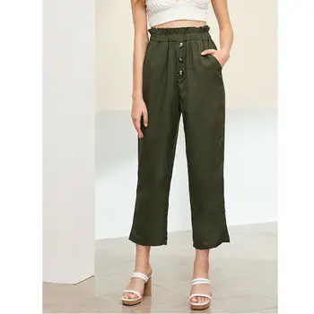 

Fashion Women High Waist Loose Wide Leg Pants Slim Fit Trousers Stylish Female Army Green Button Long Pants