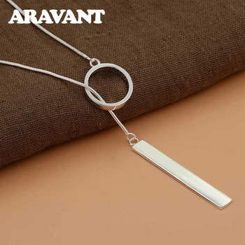 Silver 925 Long Circle Bar Pendants Necklace Chains For Women Valentine's Gift Fashion Jewelry