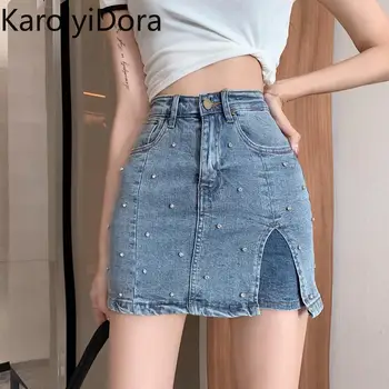 

Women's denim skirt 2020 summer new heavy industry nail drill split slim high waist denim skirt pants