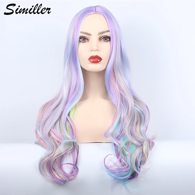 

Similler Long Wavy Wig with Highlights Cosplay Synthetic Wigs for Women Heat Resistant Middle Part Rainbow Wig