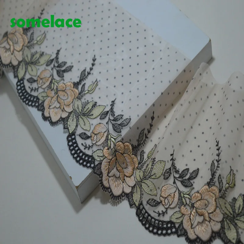 2y/lote 19cm ponto translúcido gaze fluorescente amarelo floral bordado guarnição do laço com design para o casamento nupcial e vestuário