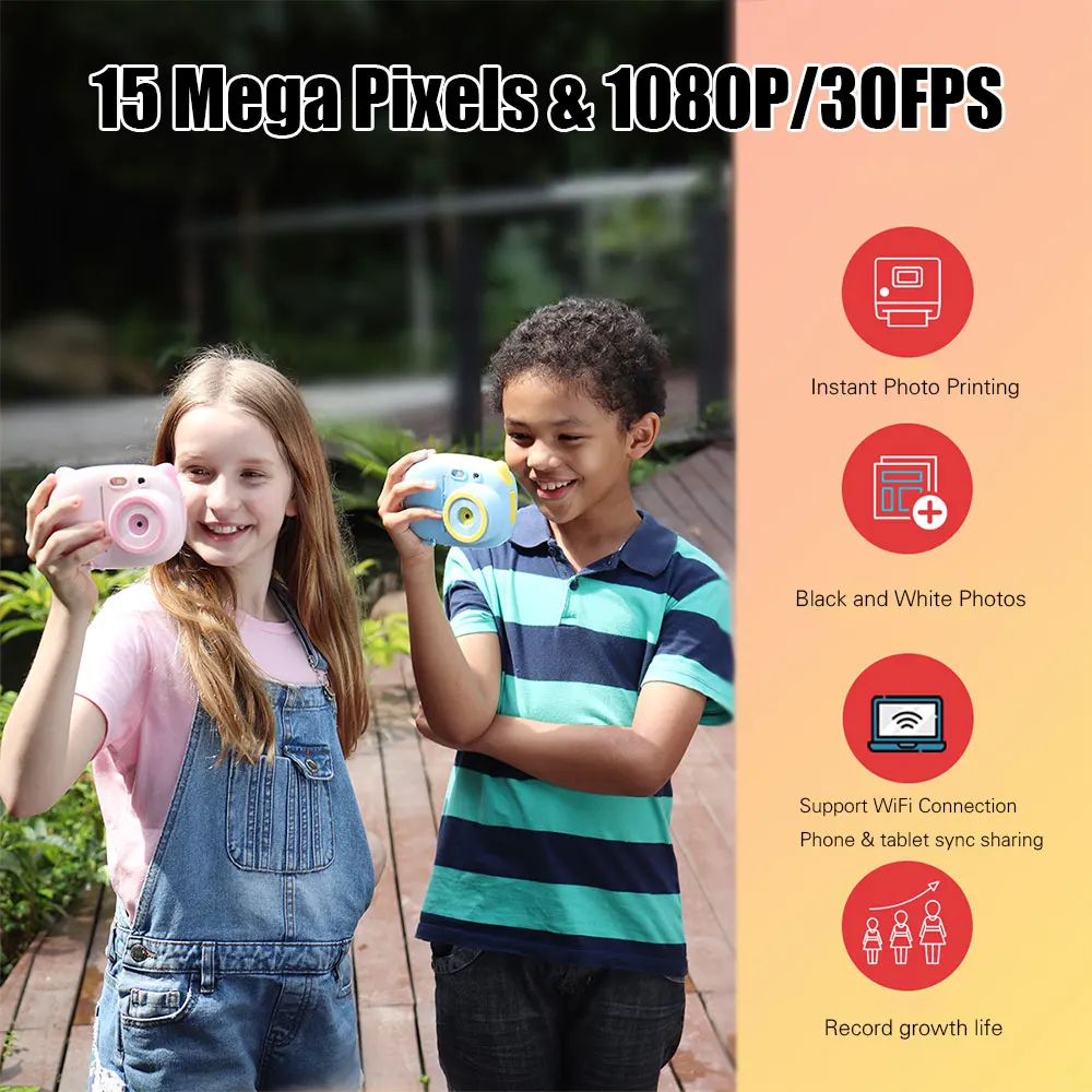 15 MP 1080P HD Mini Cute Children Video Photography Camcorder Photo Camera with 2.4 Inch TFT IPS Screen WiFi Instant Printing