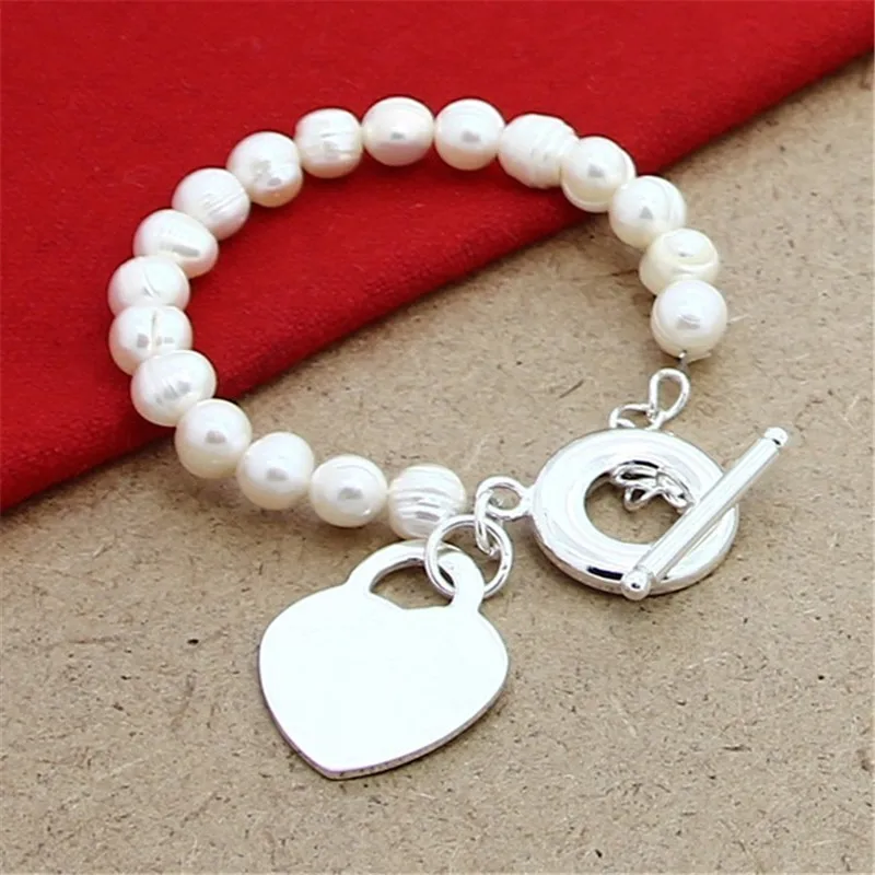 New 925 Sterling Silver Bracelet Natural Freshwater Pearl With Heart Brand Bracelet For Woman Charm Jewelry Wedding Gift
