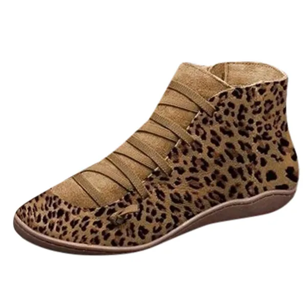 Leopard Brown Женские ботильоны г. Горячая Распродажа, повседневные кожаные ботинки на шнуровке на плоской подошве в стиле ретро ботинки с круглым носком и боковой молнией Zapatos De Mujer - Цвет: Leopard Brown