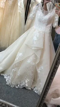 

Ready to ship new sequins beaded embroider lace organza champagne bridal gown with 3/4 illusion sleeves