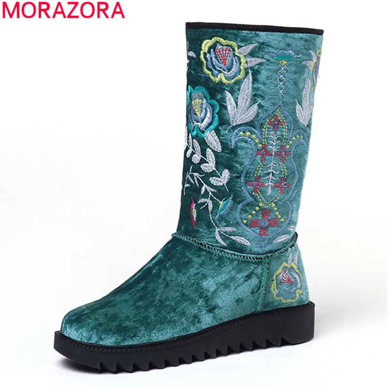 MORAZORA/ г. Лидер продаж, теплые зимние ботинки удобная обувь на плоской подошве из флока наивысшего качества женские ботинки до середины икры большой размер 34-43