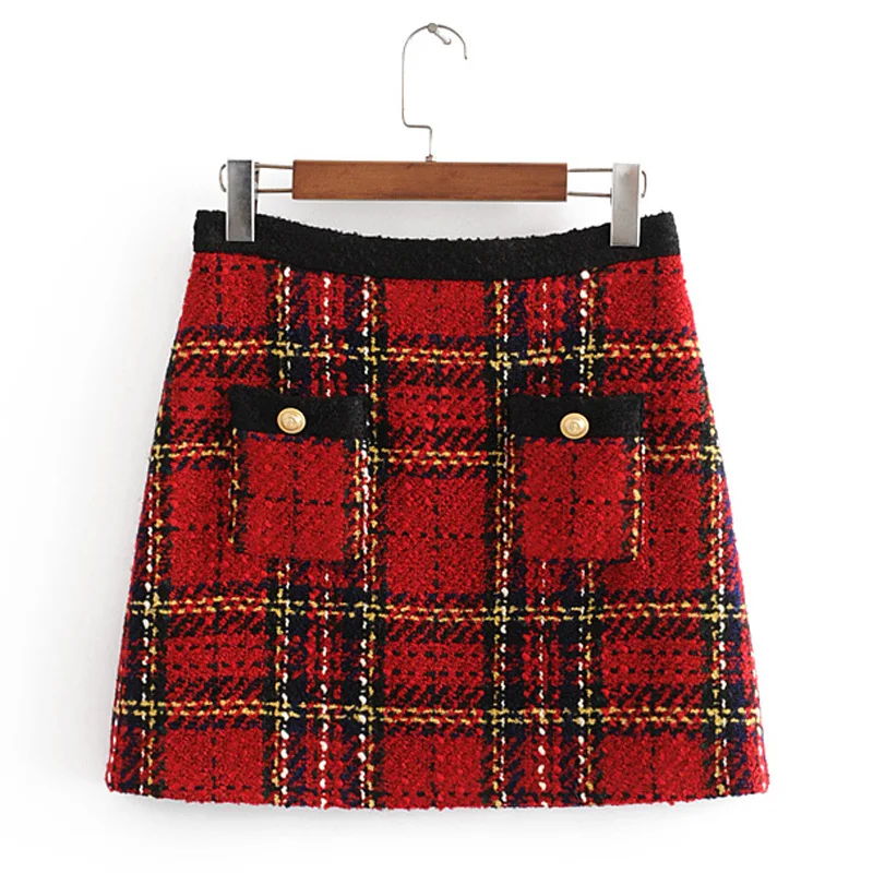ZOEPO, клетчатые юбки с принтом, женская модная повседневная юбка с карманами, женская элегантная трапециевидная мини-юбка с пуговицами, женские юбки KH