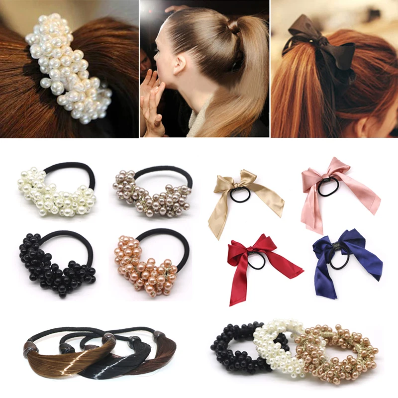 

1/2/3/4Pcs Pearl Beads Elastic Hair Bands Women Headwear Accessories Ponytail Holder Hair Rope Straight Wig Bowknot Hair Ties