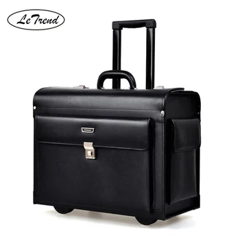 

LeTrend Genuine Leather Rolling Luggage Men Business Suitcase Wheels Trolley Pilot/captain special Flight Travel Bags laptop bag