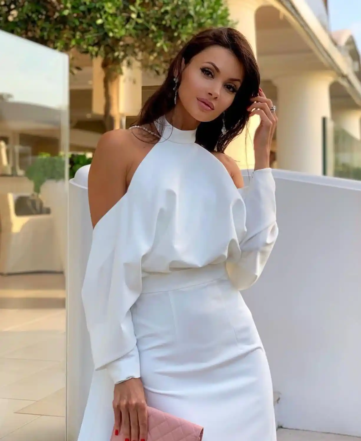 high neck off shoulder dress