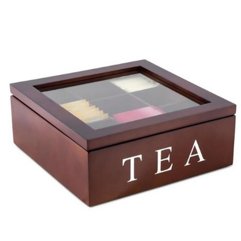 

Wooden 9 Grids Tea Box Tea Bags Container Storage Box Square Gift Box Case Transparent Top Lid Jewelry Storage Box