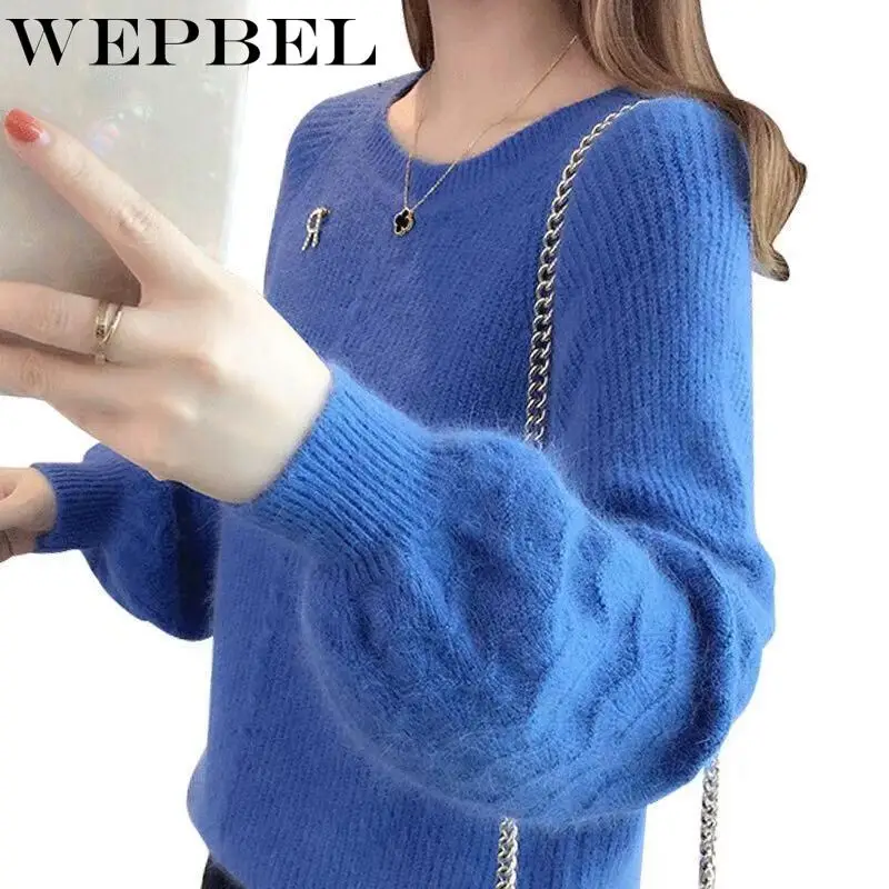 

WEPBEL Women's Casual Long-Sleeved O-Neck Pullover Sweater Autumn and Winter Fashion Loose Solid Color Knitted Sweater