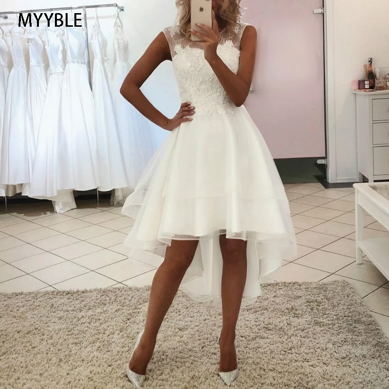 MYYBLE, сексуальное простое кружевное платье размера плюс, короткое пляжное богемное свадебное платье для невесты,, Короткое свадебное платье с аппликацией