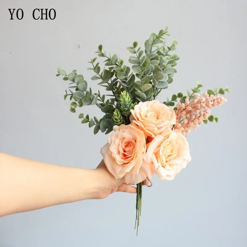 YO CHO Прямая поставка Свадебный букет искусственная Шелковая Роза украшение для свадьбы цветок шампанское ваниль Спайк суккуленты листья эвкалипта