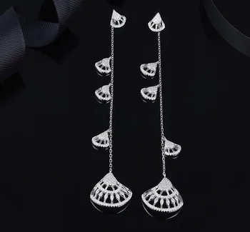 

925 Sterling silver Fashion geometric round Fan earring Personality Multi-layer crystal shell earring Long tassels chain jewelry