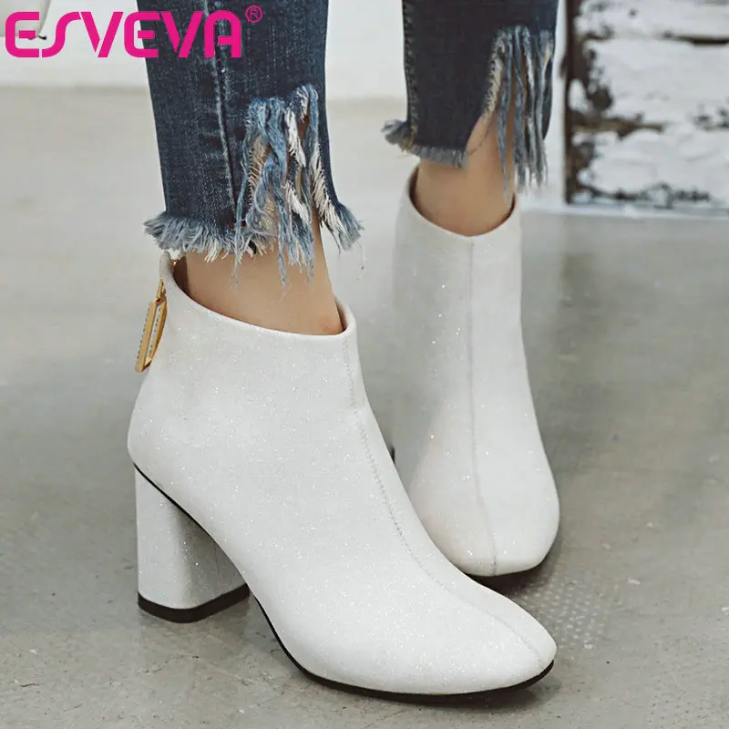 

ESVEVA 2020 Women Shoes Ankle Boots Pointed Toe Elegant PU Leather Square High Heel Zipper Motorcycle Platform Boot Size 34-43