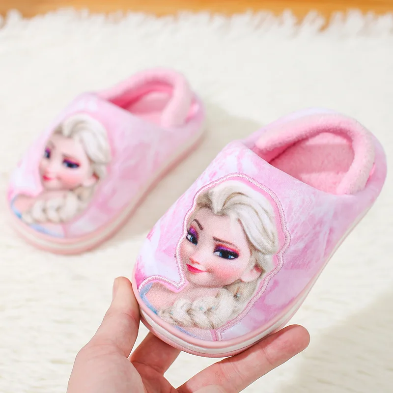 Хлопковые тапочки принцессы для девочек, Холодное сердце Эльза и Анна, нескользящая зимняя домашняя теплая обувь - Цвет: Розовый