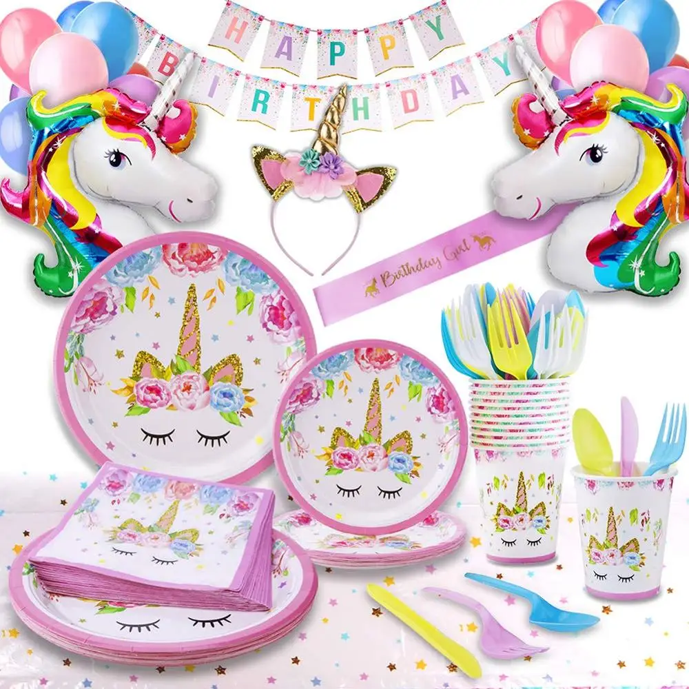 

Unicorn Party Supplies - Bonus Unicorn Headband Birthday Sash and Balloons- Serves 16 Guests-Disposable Tableware Cutlery Party