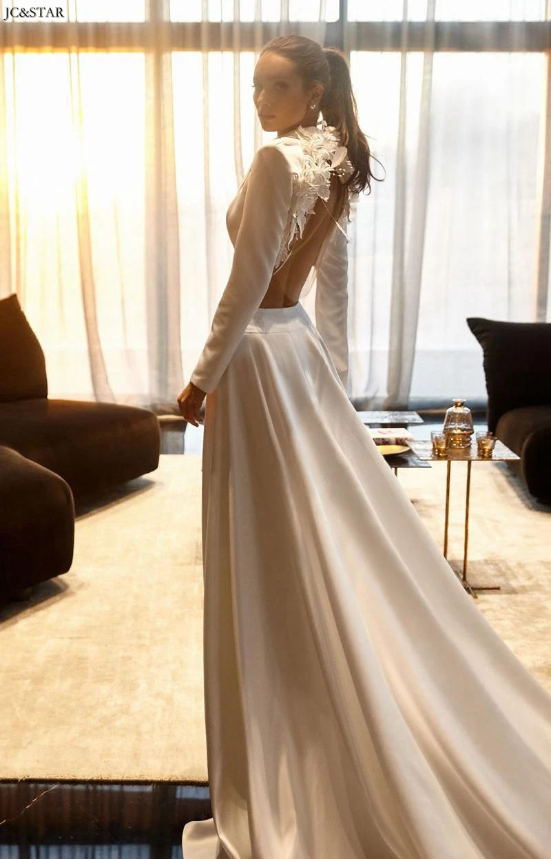 Vestido de noiva, атласное платье с длинным рукавом, 2 предмета, Пляжное свадебное платье, сексуальное, с разрезом по бокам, с открытой спиной, со шлейфом, свадебное платье