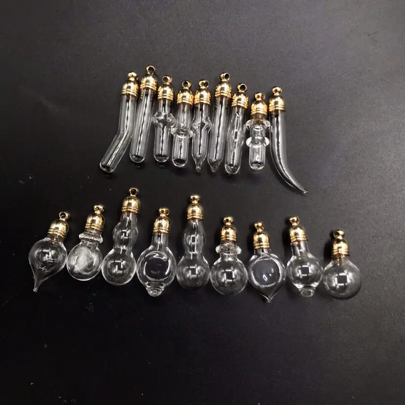 5pcs gold/silver glue cap Mini Glass Bottles Vial Pendant locket charms with Tassel cap name on rice art jewelry Glass Bottles