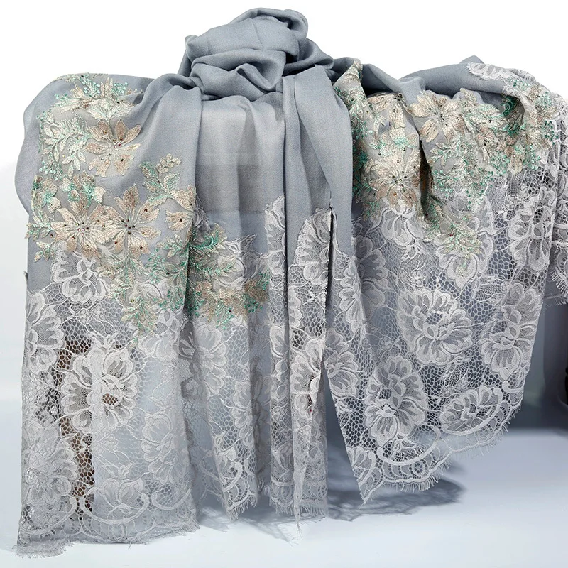 Потрясающий Роскошный тонкий шерстяной шарф, шаль высшего класса вышивка кружева зимние шарфы обертывания для женщин дамы 230x70 см - Цвет: Gray