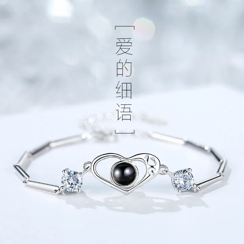 Новая мода S925 Серебряный браслет с сердечками женский модный корейский стиль 100 языков I Love You проекционный браслет