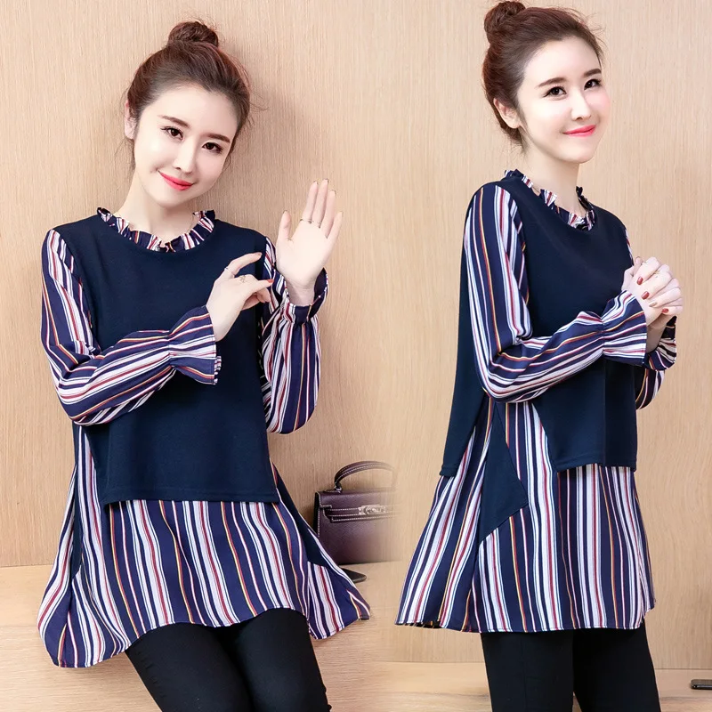 

Fat Mm Large Size Dress 2019 Spring New Style Large GIRL'S Cover Meat Slimming Loose-Fit Mock Two-Piece Shirt Western Style