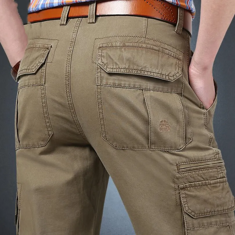 Dark khaki Мужские брюки-карго; новые дизайнерские брюки; однотонные прямые брюки; военные брюки-карго с несколькими карманами; Pantalon Homme; без пояса - Цвет: Dark khaki