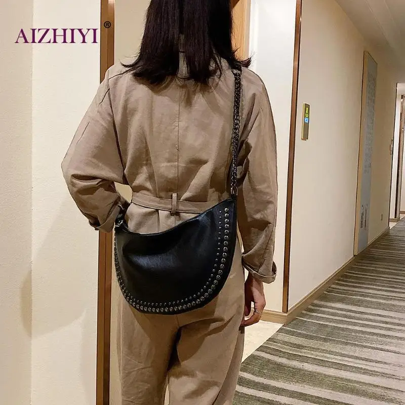 Female Casual Solid Color PU Leather Crossbody Bag Women Fashion Rivet Black Semicircle Shoulder Messenger Handbag