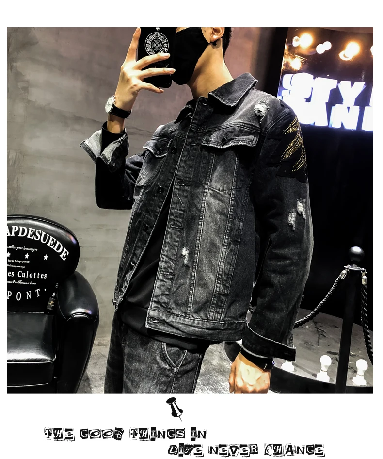 YASUGUOJI Новинка панк стиль Мода Орел Вышивка с вышивкой джинсовая куртка мужские джинсовые куртки Уличная тонкая черная Мужская куртка