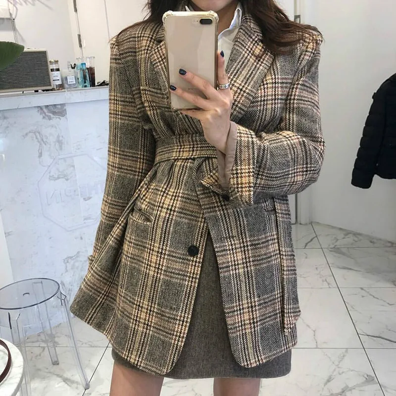 Card color Neploe шикарный клетчатый полосатый однобортный OL Стиль Блейзер Feminino тонкая талия на шнуровке отложной воротник длинный рукав пальто с поясом - Цвет: Card color
