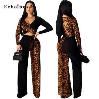 

Women Street Suit Sexy Crop Tops Leopard Printed Long Sleeve Graceful 2 Piece Set Sheath Long Wide Legs Pants Chic Lady Outwear