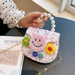 Cotton Linen Children Small Square Shoulder Bag Cartoon Smile Girls Mini Crossbody Bags Pearl Handle Smiley Coin Purse Handbags
