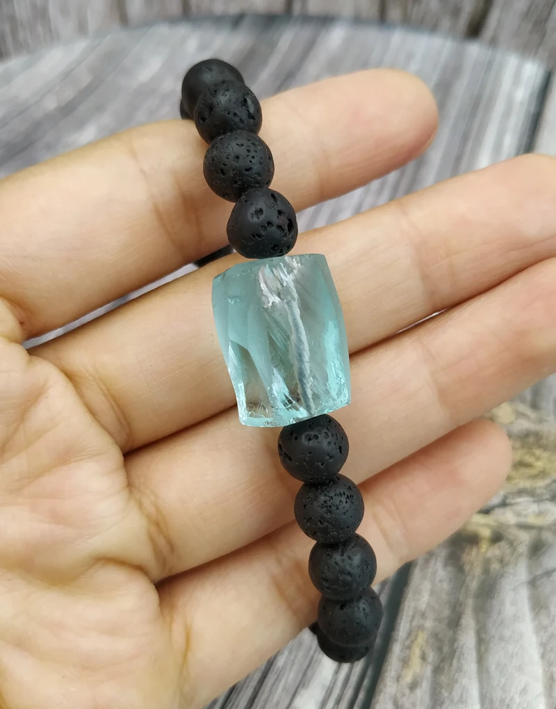 YA4042 Blue Glass Lava Stone Beads Knot Cord Bracelet Adjustable