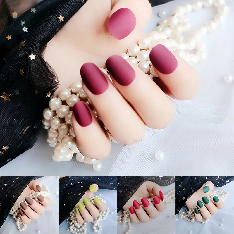 24Pcs Matte False Nails Finished Gray Short Paragraph Brown Round Head Green Frosted Matte Fake Nails Red Classic Black Purple