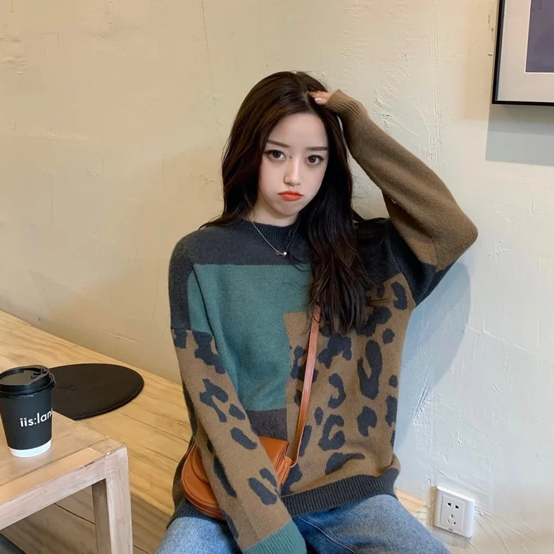 

2020 fall/winter leopard print sweater loose fall sweater languid wind jacket