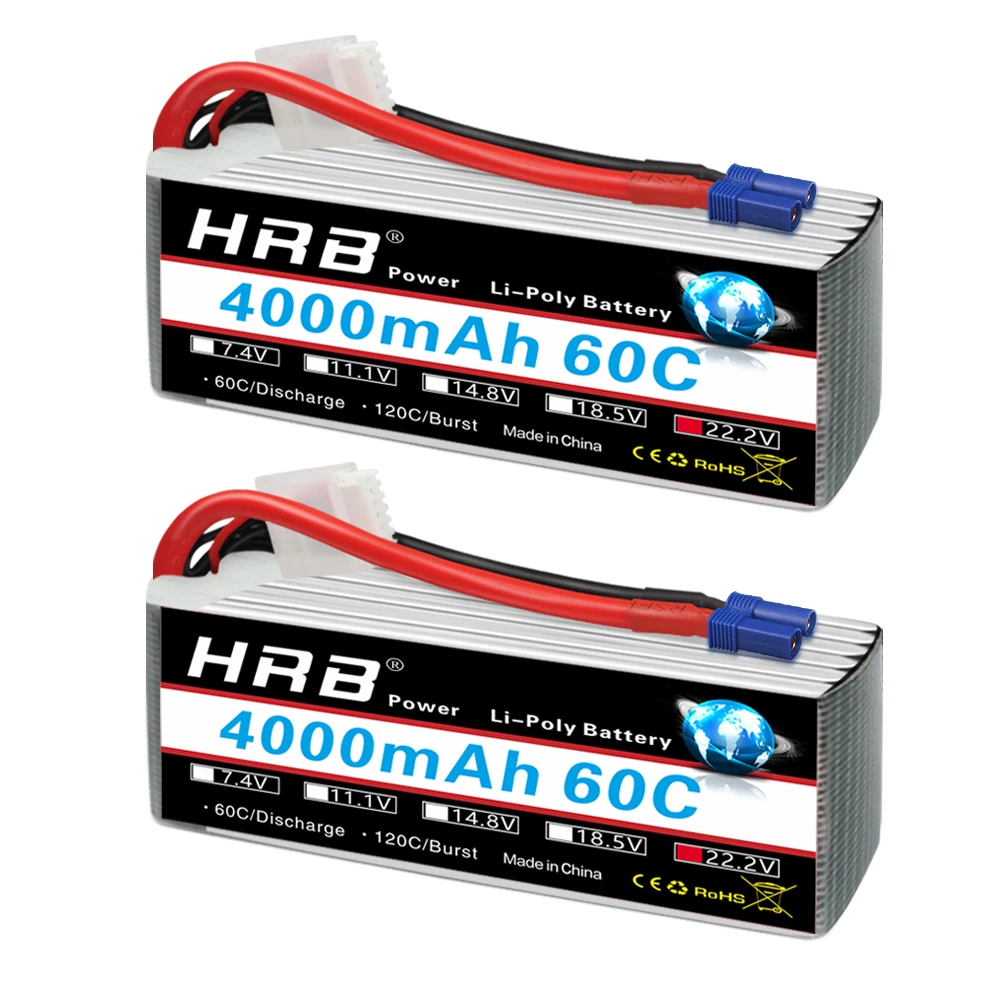 HRB 6S Lipo Battery - 22.2V 4000mAh 60C With XT90 Plug (2 Pack) For RC Cars, Drones, Boats