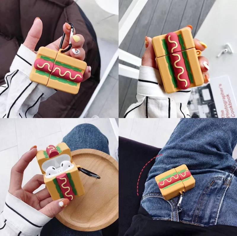 

Cute hot dog sausage for airpods case 2 For Apple Wireless Bluetooth Headphone Cover Silicone soft shell Mountaineering buckle