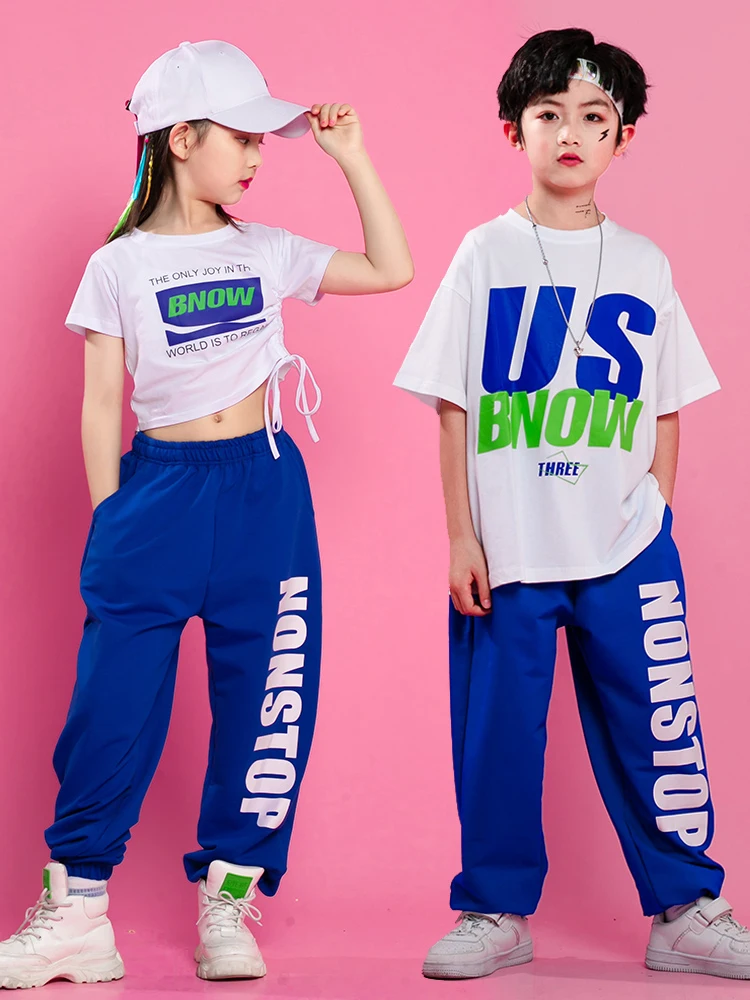 New Jazz Dance Costumes For Kids White Shirt Blue Loose Pants Girls Boys  Modern Dance Hip Hop Clothing Street Dance Wear DQS6831