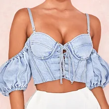 Джинсы джинсовые синие Топы женские модные кружевные с открытым плечом сплошной жилет женский с открытой спиной сексуальный ремень кроп Топы слоеный нарукавный инструмент Топы