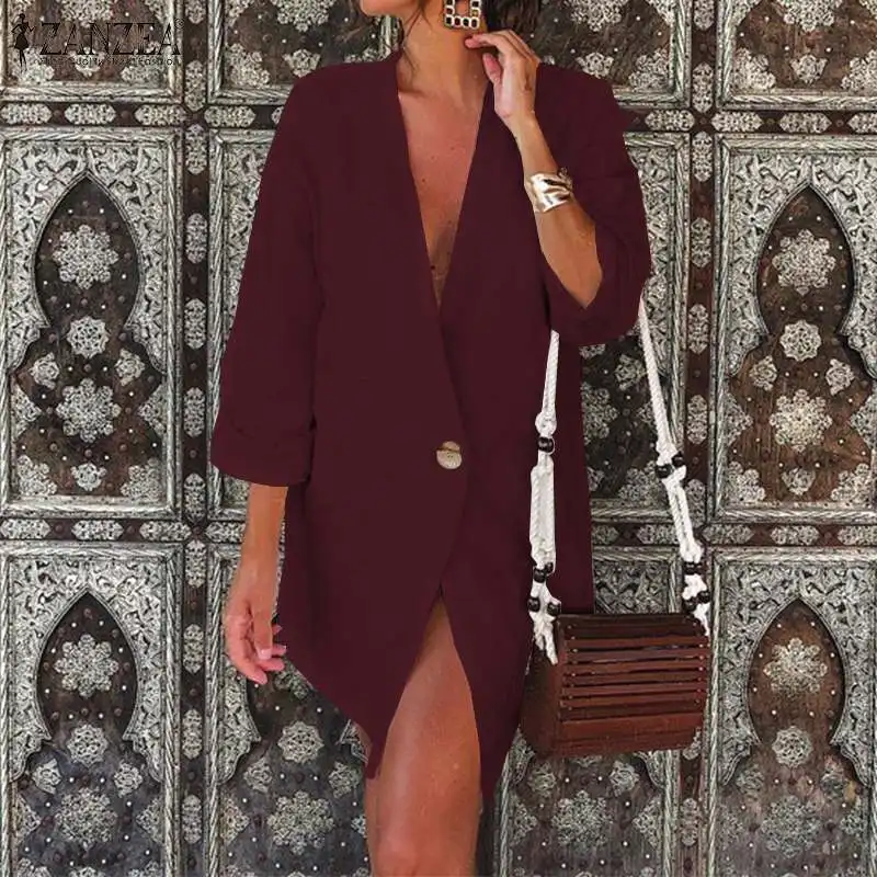 Tanie 2019 ZANZEA jesień letni top Blazer kobiety bluzka Sexy V Neck 3 4 rękaw bawełniana kurtka na co dzień cienkie kurtki znosić koszula plus size