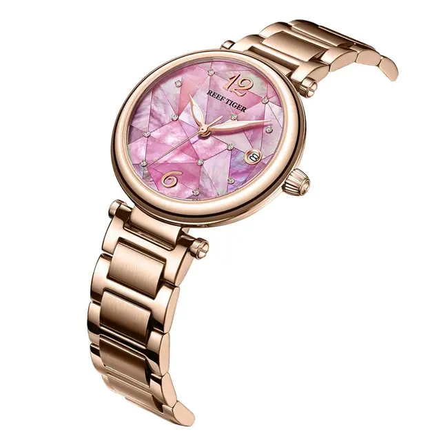 Reef Tiger/ RT Pink Dial Rose Gold Luxury Fashion Diamond Women Watches Stainless Steel Bracelet Mechanical Clock Watch RGA1584 3