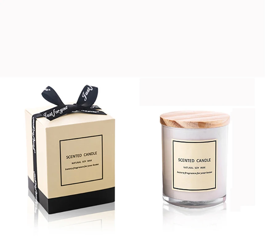 GiftBoxScentedCandleInWhiteGlassJarWithNatualPineWoodLid
