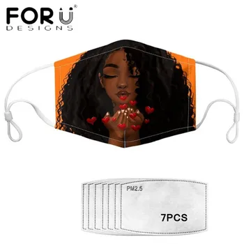 

FORUDESIGNS Hot Sales Face Masks Women Black Art African Girls Printed Muffle Mouth Mask with 7pcs PM 2.5 Filters Mascarillas