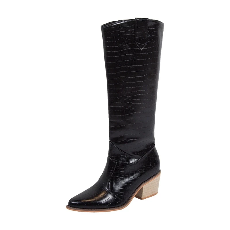 Модные женские сапоги до колена; Модные женские зимние сапоги с острым носком на высоком каблуке; женские ковбойские сапоги в западном стиле; Размеры 35-43 - Цвет: Black