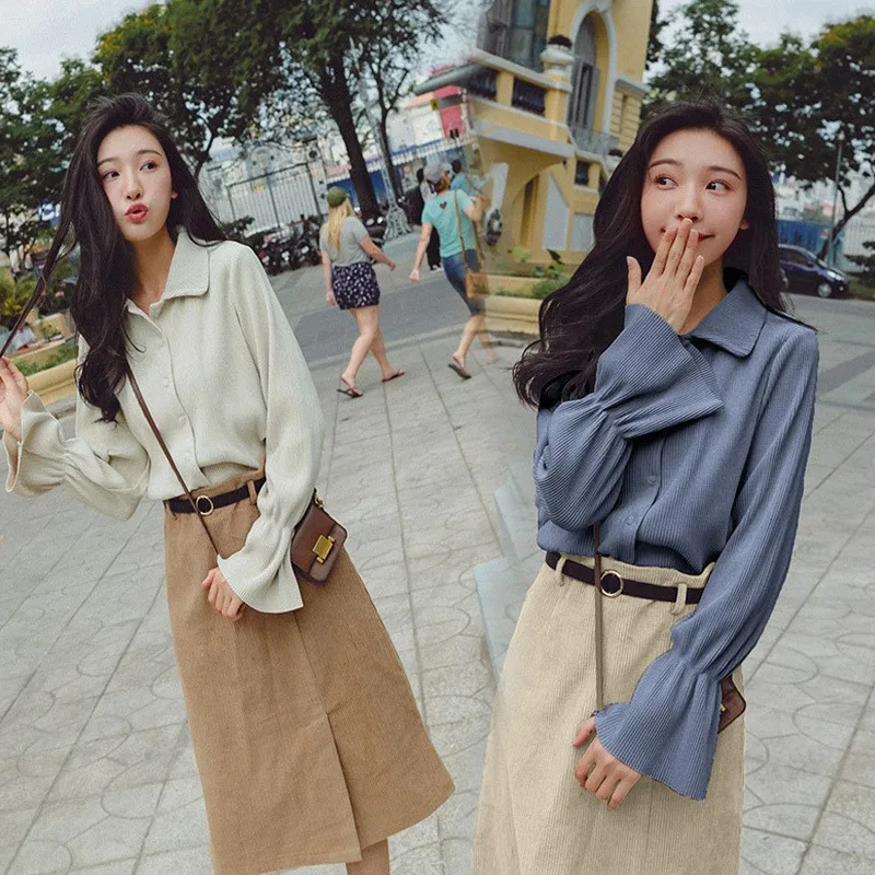 

Spring And Autumn Korean-style Graceful Bell Sleeve Shirt with A- line Skirt Two-Piece Set Students Hipster Dress Outfit Women's